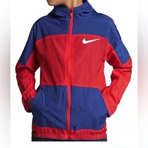 Nike Big Kid's Full Zip Windbreaker Hooded Jacket Orange Blue XL
